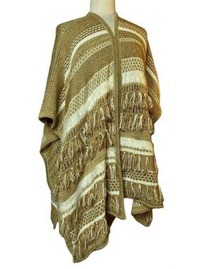 Chico's Mya Ruana One Size Fringed Multi Pattern Textured Neutral Combo NEW